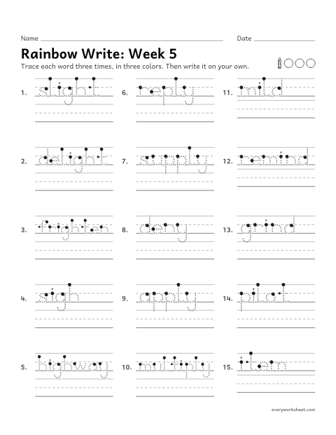Preview of the printable “Rainbow Write: week 5 (Long i: igh, y, i)” worksheet: tracing and writing spelling words with long i spelled igh, y and i, as in sigh, reply and mild