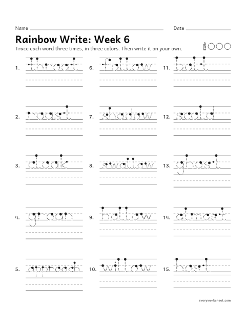 Preview of the printable “Rainbow Write: week 6 (Long o: oa, ow, o)” worksheet: tracing and writing spelling words with long o spelled oa, ow and o, as in throat, shadow and ghost