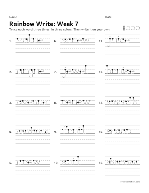 Preview of the printable “Rainbow Write: week 7 (ue, ew, ui and oo)” worksheet: tracing and writing spelling words with the /oo/ sound spelled ue, ew, ui and oo, as in argue, jewel, fruit and smooth