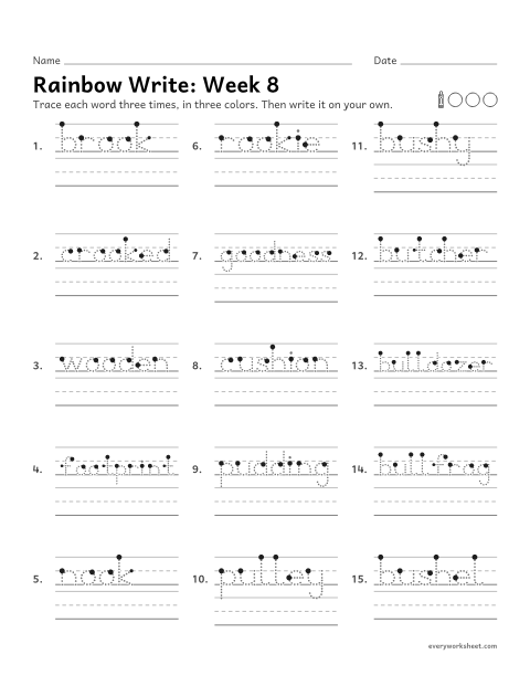 Preview of the printable “Rainbow Write: week 8 (oo and u as in book and push)” worksheet: tracing and writing spelling words with the sound in book, spelled oo or u, as in brook, wooden and cushion