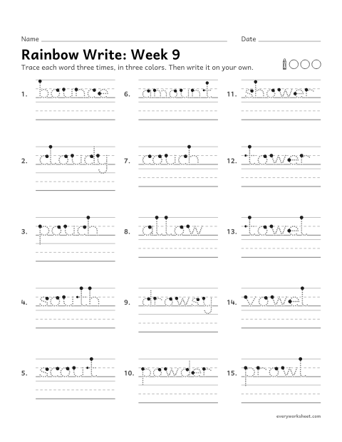 Preview of the printable “Rainbow Write: week 9 (ou and ow)” worksheet: tracing and writing spelling words with the /ow/ sound spelled ou and ow, as in bounce and drowsy
