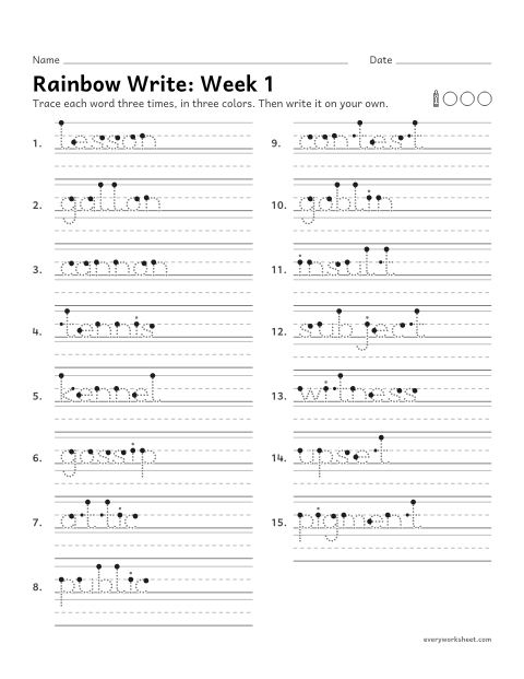 Preview of the printable “Rainbow Write: week 1 (Closed syllables)” worksheet: tracing and writing spelling words with closed syllables, as in lesson and public