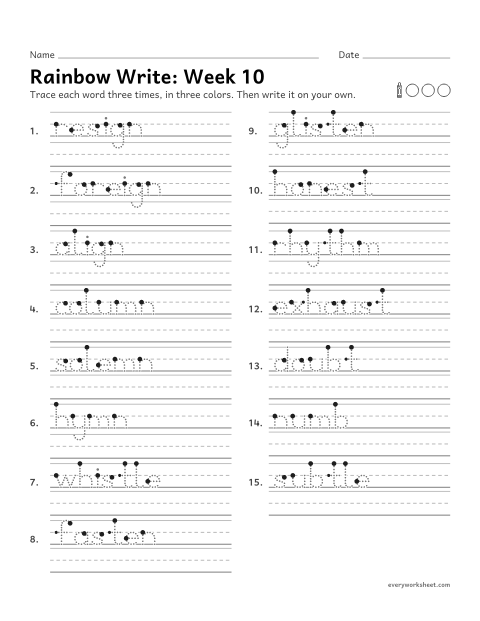 Preview of the printable “Rainbow Write: week 10 (Silent letters: gn, mn, st, h and b)” worksheet: tracing and writing spelling words with silent letters, as in foreign, column, whistle, honest and doubt