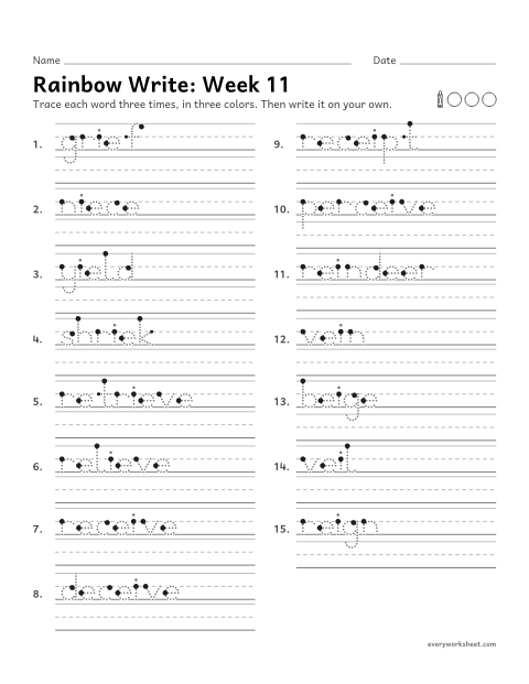 Preview of the printable “Rainbow Write: week 11 (ie and ei)” worksheet: tracing and writing spelling words with ie and ei, as in niece, receive and reindeer