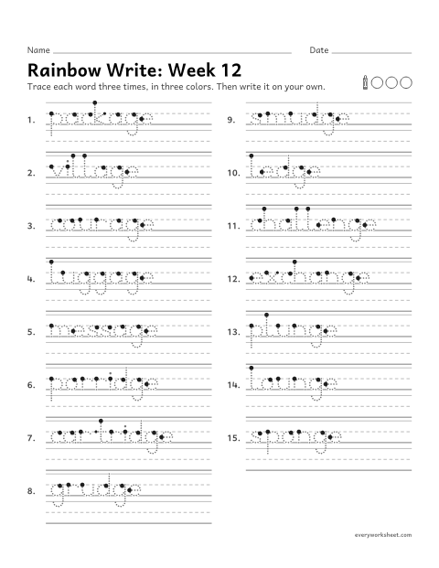 Preview of the printable “Rainbow Write: week 12 (Endings -age, -dge and -nge)” worksheet: tracing and writing spelling words with the endings -age, -dge and -nge, as in package, porridge and sponge