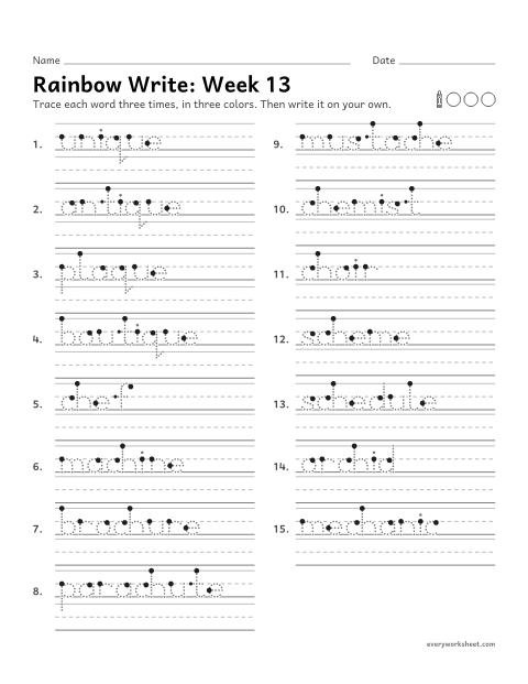 Preview of the printable “Rainbow Write: week 13 (que, and ch as /sh/ and /k/)” worksheet: tracing and writing spelling words with que and ch, as in antique, chef and choir