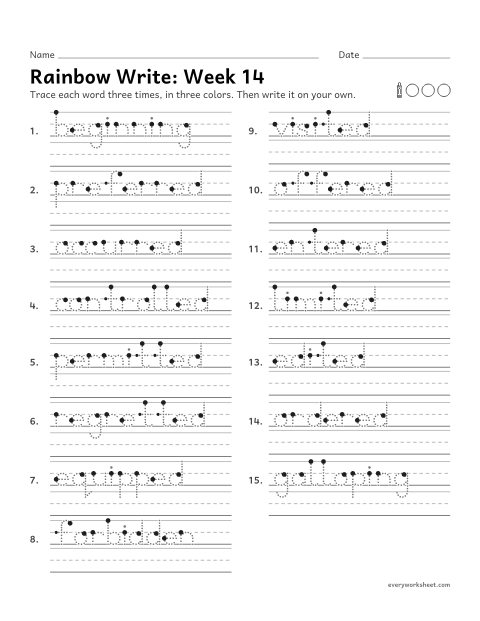 Preview of the printable “Rainbow Write: week 14 (Doubling in longer words)” worksheet: tracing and writing spelling words with adding -ed, -ing and -en to longer words, as in beginning and visited