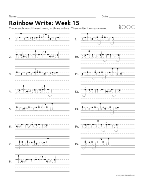 Preview of the printable “Rainbow Write: week 15 (Change y to i, or keep the y)” worksheet: tracing and writing spelling words with words that change y to i (identified, merciful) or keep the y (studying, journeys)