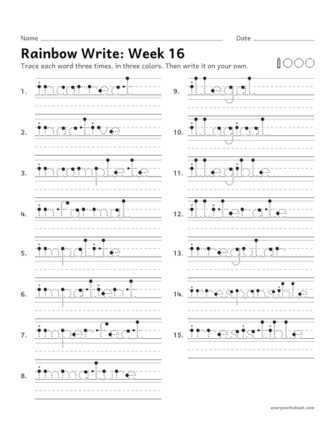 Preview of the printable “Rainbow Write: week 16 (Prefixes in-, im-, il- and ir-)” worksheet: tracing and writing spelling words with the prefixes in-, im-, il- and ir-, which mean not, as in incorrect, impolite, illegal and irregular