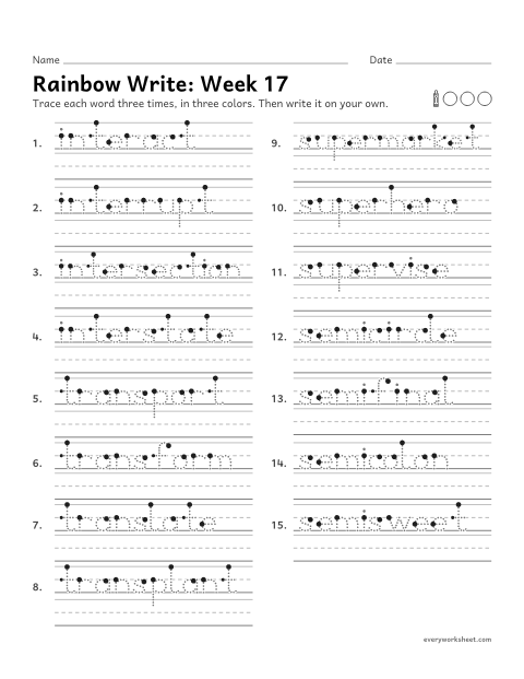 Preview of the printable “Rainbow Write: week 17 (Prefixes inter-, trans-, super- and semi-)” worksheet: tracing and writing spelling words with the prefixes inter-, trans-, super- and semi-, as in interrupt, transport, supermarket and semicircle