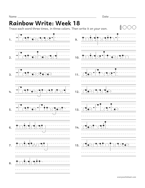 Preview of the printable “Rainbow Write: week 18 (Prefixes fore-, mid- and de-)” worksheet: tracing and writing spelling words with the prefixes fore-, mid- and de-, as in forecast, midday and defrost