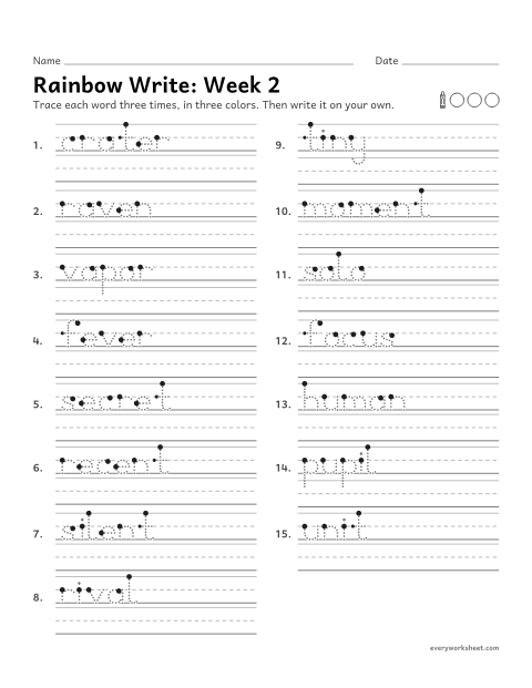 Preview of the printable “Rainbow Write: week 2 (Open syllables)” worksheet: tracing and writing spelling words with open syllables, as in raven and pupil