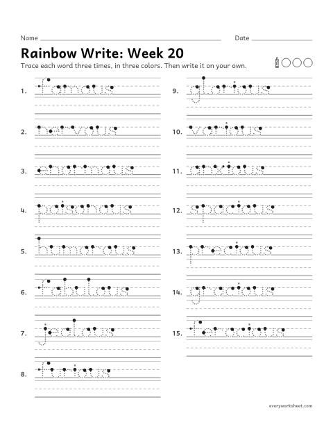 Preview of the printable “Rainbow Write: week 20 (Suffixes -ous and -ious)” worksheet: tracing and writing spelling words with the suffixes -ous and -ious, which mean full of, as in famous and furious