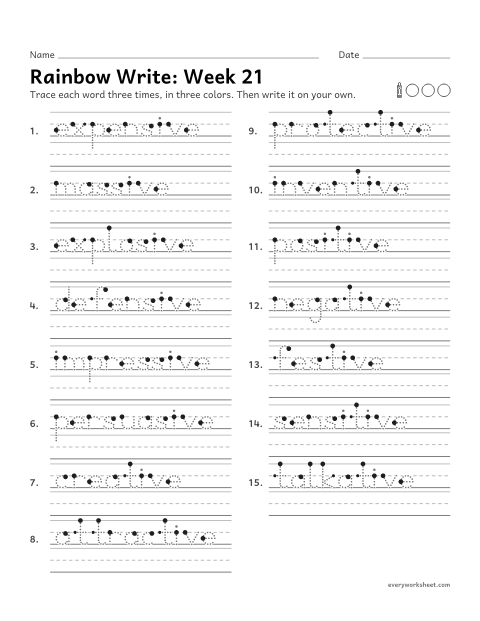 Preview of the printable “Rainbow Write: week 21 (Endings -sive and -tive)” worksheet: tracing and writing spelling words with the endings -sive and -tive, as in expensive and creative