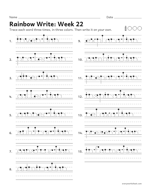 Preview of the printable “Rainbow Write: week 22 (Suffixes -tion and -ation)” worksheet: tracing and writing spelling words with the suffixes -tion and -ation, as in invention and exploration