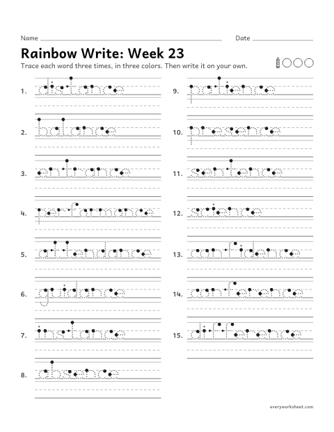 Preview of the printable “Rainbow Write: week 23 (Endings -ance and -ence)” worksheet: tracing and writing spelling words with the endings -ance and -ence, as in distance and patience