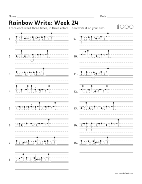 Preview of the printable “Rainbow Write: week 24 (Endings -ant and -ent)” worksheet: tracing and writing spelling words with the endings -ant and -ent, as in pleasant and student