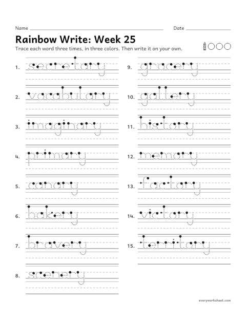 Preview of the printable “Rainbow Write: week 25 (Endings -ary, -ery and -ory)” worksheet: tracing and writing spelling words with the endings -ary, -ery and -ory, as in primary, bakery and history