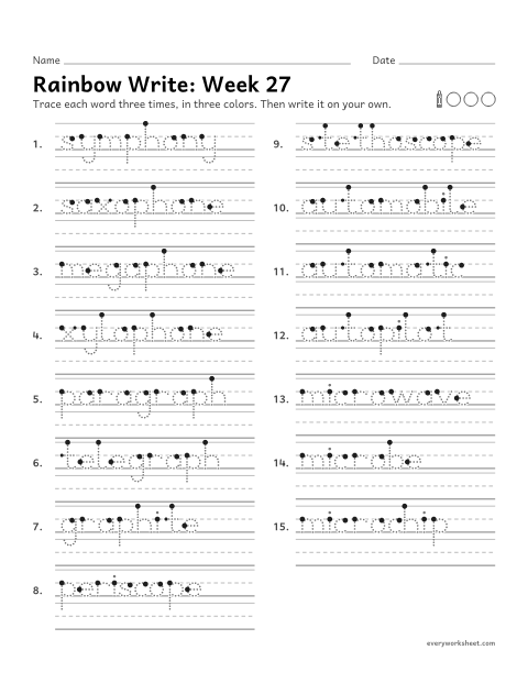 Preview of the printable “Rainbow Write: week 27 (Greek roots)” worksheet: tracing and writing spelling words with the Greek roots phon, graph, scope, auto and micro, as in saxophone, paragraph and microwave