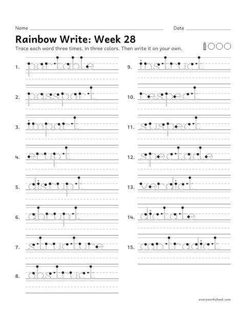 Preview of the printable “Rainbow Write: week 28 (Latin roots: port, rupt, struct, spect, dict)” worksheet: tracing and writing spelling words with the Latin roots port, rupt, struct, spect and dict, as in portable, erupt and structure