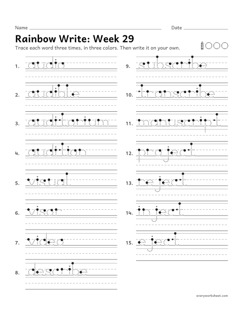 Preview of the printable “Rainbow Write: week 29 (Latin roots: aud, vis, scrib, ject)” worksheet: tracing and writing spelling words with the Latin roots aud, vis, scrib and ject, as in audible, visual, describe and project