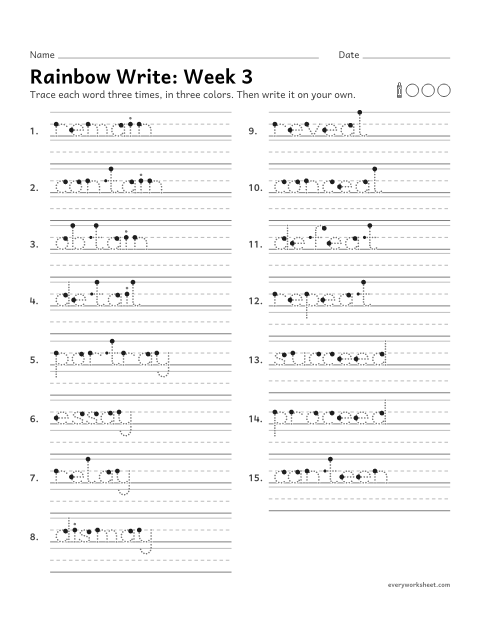Preview of the printable “Rainbow Write: week 3 (Long a and long e teams)” worksheet: tracing and writing spelling words with long a and long e spelled ai, ay, ea and ee, as in remain, essay, reveal and succeed