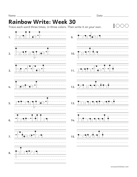 Preview of the printable “Rainbow Write: week 30 (Words from French, spanish and Italian)” worksheet: tracing and writing spelling words with words English borrowed from French, Spanish and Italian, as in ballet, patio and confetti
