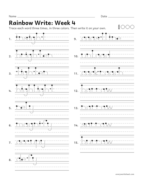 Preview of the printable “Rainbow Write: week 4 (Long i and long o)” worksheet: tracing and writing spelling words with long i spelled igh and y, and long o spelled oa and ow, as in brighten, rely, unload and narrow