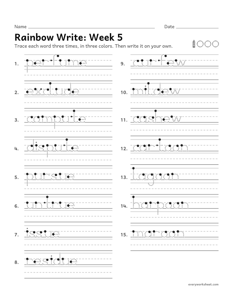 Preview of the printable “Rainbow Write: week 5 (u_e, ue, ew and oo)” worksheet: tracing and writing spelling words with the /oo/ and /yoo/ sounds spelled u_e, ue, ew and oo, as in perfume, issue, curfew and cartoon