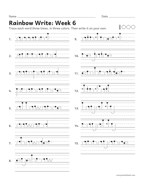 Preview of the printable “Rainbow Write: week 6 (ou, ow, oi and oy)” worksheet: tracing and writing spelling words with ou, ow, oi and oy, as in surround, chowder, ointment and loyalty