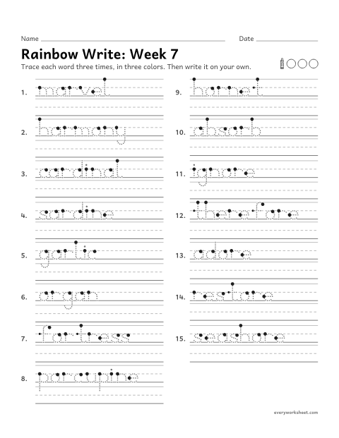 Preview of the printable “Rainbow Write: week 7 (ar, or and ore)” worksheet: tracing and writing spelling words with ar, or and ore, as in harmony, fortress and ignore