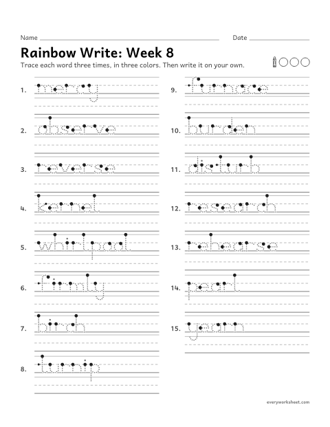 Preview of the printable “Rainbow Write: week 8 (er, ir, ur and ear)” worksheet: tracing and writing spelling words with er, ir, ur and ear, as in mercy, firmly, furnace and research