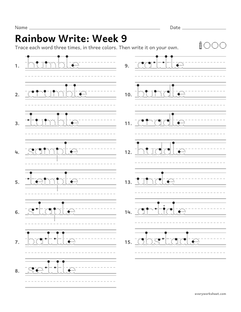Preview of the printable “Rainbow Write: week 9 (Consonant-le endings)” worksheet: tracing and writing spelling words with a consonant plus le at the end, as in humble, sample, battle, bundle and uncle
