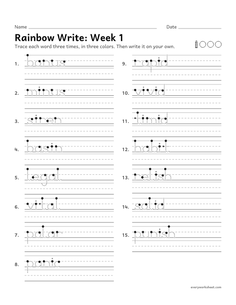 Preview of the printable “Rainbow Write: week 1 (VCV syllables)” worksheet: tracing and writing spelling words with one consonant between two vowels, as in bonus and panic