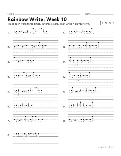 Preview of the printable “Rainbow Write: week 10 (Suffixes -ic and -ical)” worksheet: tracing and writing spelling words with the suffixes -ic and -ical, as in heroic and comical