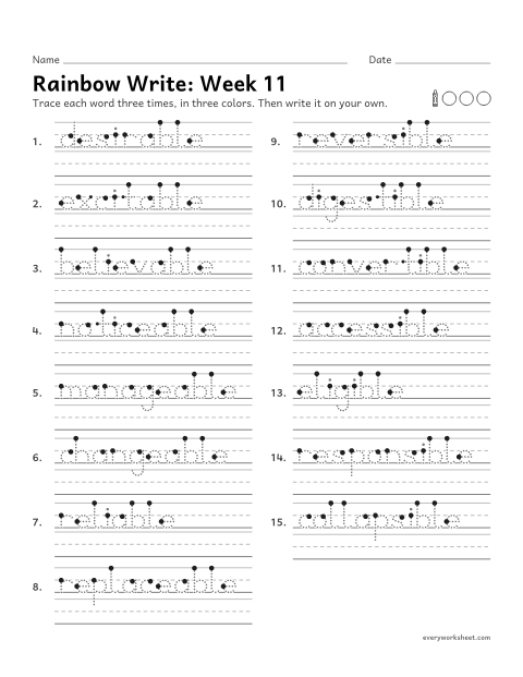 Preview of the printable “Rainbow Write: week 11 (Suffixes -able and -ible)” worksheet: tracing and writing spelling words with the suffixes -able and -ible, as in noticeable and accessible