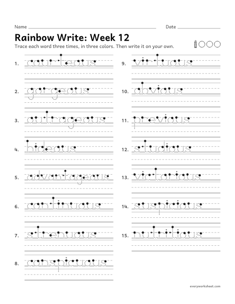 Preview of the printable “Rainbow Write: week 12 (Endings -eous, -uous and -ious)” worksheet: tracing and writing spelling words with the endings -eous, -uous and -ious, as in courteous, continuous and obvious
