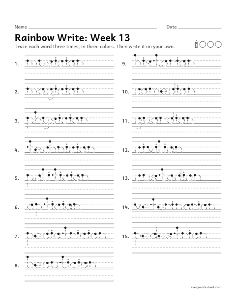 Preview of the printable “Rainbow Write: week 13 (Suffixes -cian and -ian)” worksheet: tracing and writing spelling words with the suffixes -cian and -ian for people, as in musician and historian