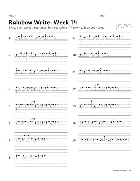 Preview of the printable “Rainbow Write: week 14 (Suffixes -sion and -ssion)” worksheet: tracing and writing spelling words with adding -ion to words ending in ss, de, se and nd, as in discussion, collision and extension