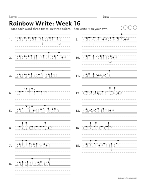 Preview of the printable “Rainbow Write: week 16 (Prefix ad- in disguise)” worksheet: tracing and writing spelling words with words that start with a and a double consonant, as in accompany, applaud and attach