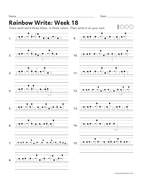 Preview of the printable “Rainbow Write: week 18 (Prefixes anti-, counter- and contra-)” worksheet: tracing and writing spelling words with prefixes that mean against, as in antiseptic, counterclockwise and contrary