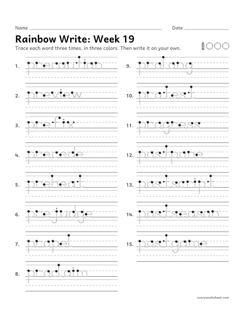 Preview of the printable “Rainbow Write: week 19 (Prefixes pre-, pro- and post-)” worksheet: tracing and writing spelling words with the prefixes pre- (before), pro- (forward) and post- (after), as in preview, propel and postpone