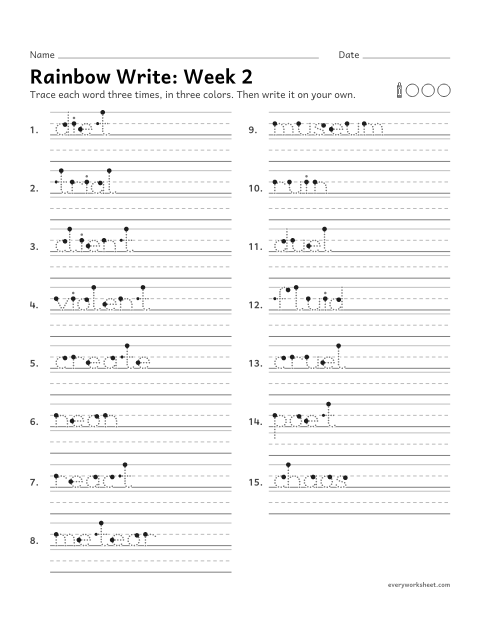Preview of the printable “Rainbow Write: week 2 (Vowels that split)” worksheet: tracing and writing spelling words with two vowels side by side in different syllables, as in diet and create