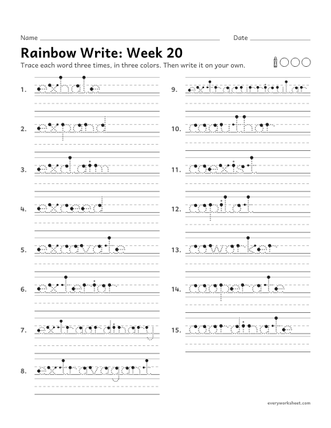 Preview of the printable “Rainbow Write: week 20 (Prefixes ex-, extra- and co-)” worksheet: tracing and writing spelling words with the prefixes ex- (out), extra- (beyond) and co- (together), as in exhale, extraordinary and coauthor