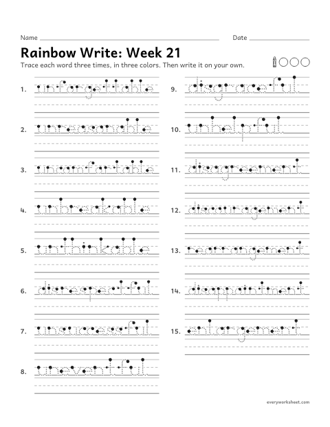 Preview of the printable “Rainbow Write: week 21 (Prefix and suffix together)” worksheet: tracing and writing spelling words with long words with a prefix and a suffix, as in unforgettable and disagreement