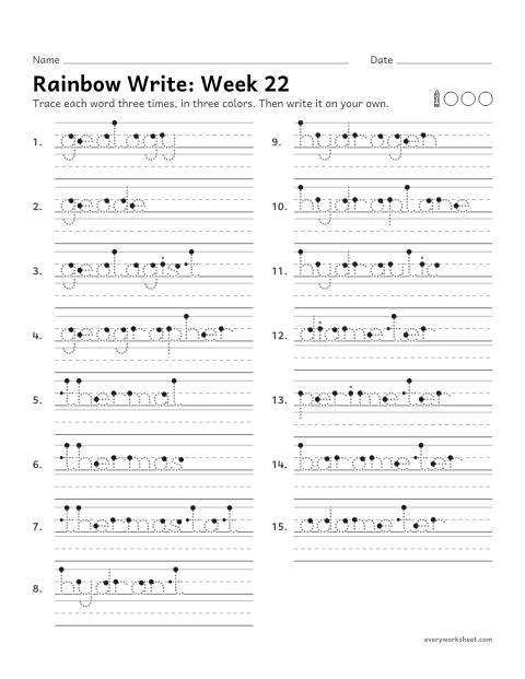 Preview of the printable “Rainbow Write: week 22 (Greek roots: geo, therm, hydr and meter)” worksheet: tracing and writing spelling words with the Greek roots geo (earth), therm (heat), hydr (water) and meter (measure)