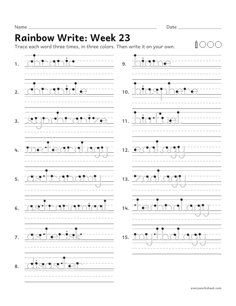 Preview of the printable “Rainbow Write: week 23 (Greek roots: chron, astr, bio and logy)” worksheet: tracing and writing spelling words with the Greek roots chron (time), astr (star), bio (life) and logy (study of)