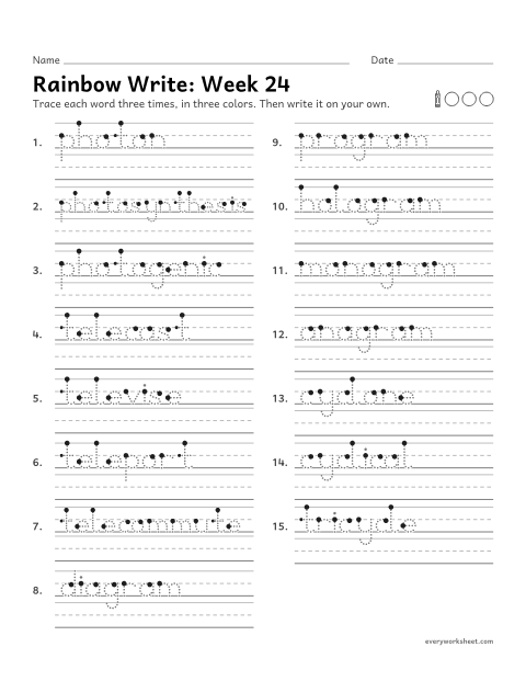Preview of the printable “Rainbow Write: week 24 (Greek roots: photo, tele, gram and cycl)” worksheet: tracing and writing spelling words with the Greek roots photo (light), tele (far), gram (written) and cycl (circle)