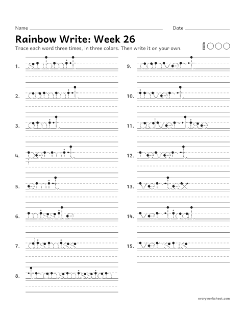 Preview of the printable “Rainbow Write: week 26 (Latin roots: mit, miss and vert)” worksheet: tracing and writing spelling words with the Latin roots mit and miss (send) and vert and vers (turn)