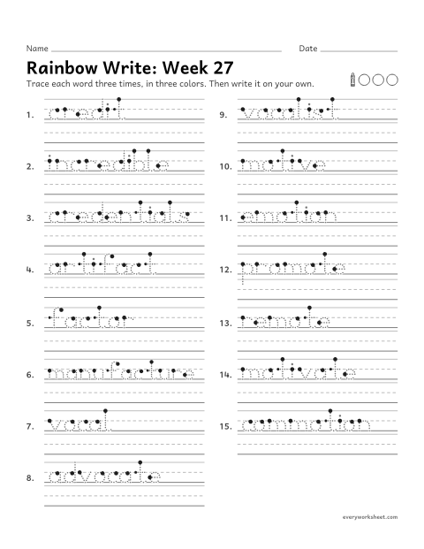 Preview of the printable “Rainbow Write: week 27 (Latin roots: cred, fact, voc and mot)” worksheet: tracing and writing spelling words with the Latin roots cred (believe), fac or fact (make), voc (voice) and mot (move)